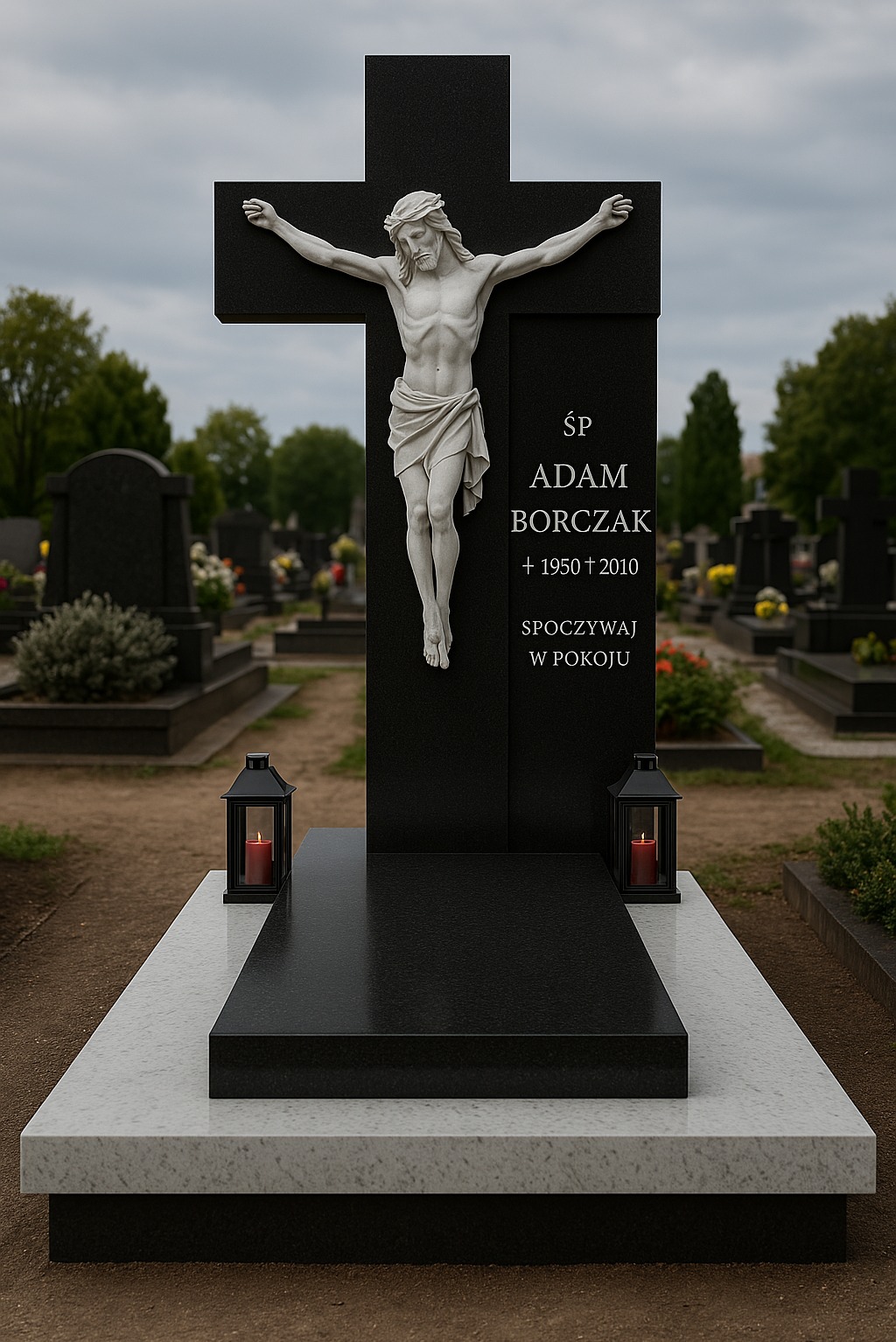 Czarny nagrobek z białym Jezusem na krzyżu, w tle inne nagrobki i zieleń cmentarza. Po bokach dwie czarne latarenki ze świecami.