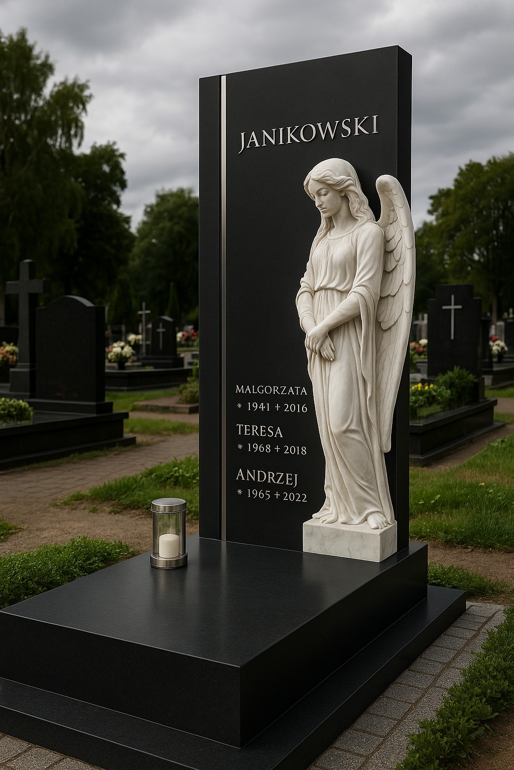 Czarny nagrobek z marmurową rzeźbą anioła i inskrypcjami na cmentarzu, otoczony zielenią i innymi nagrobkami. Minimalistyczny design z akcentem na detal.