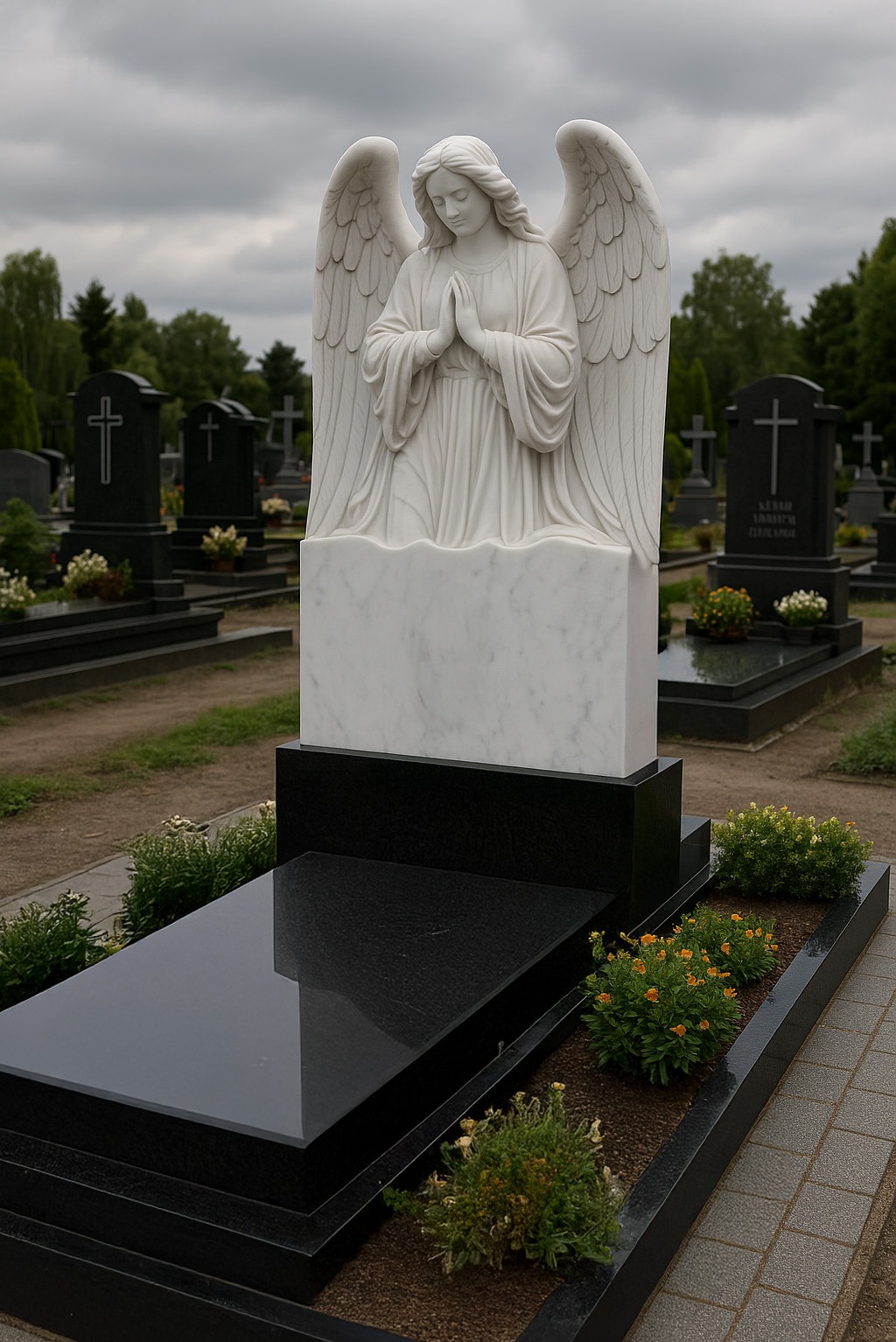Czarny nagrobek z białym marmurowym aniołem na cmentarzu, w tle inne nagrobki i drzewa, pochmurne niebo.