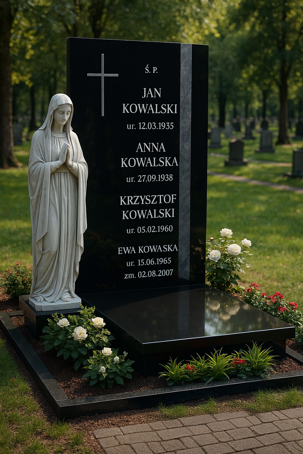 Czarny, elegancki nagrobek z marmurową figurą Matki Boskiej, otoczony białymi różami i zielenią na zadbanym cmentarzu w słoneczny dzień.