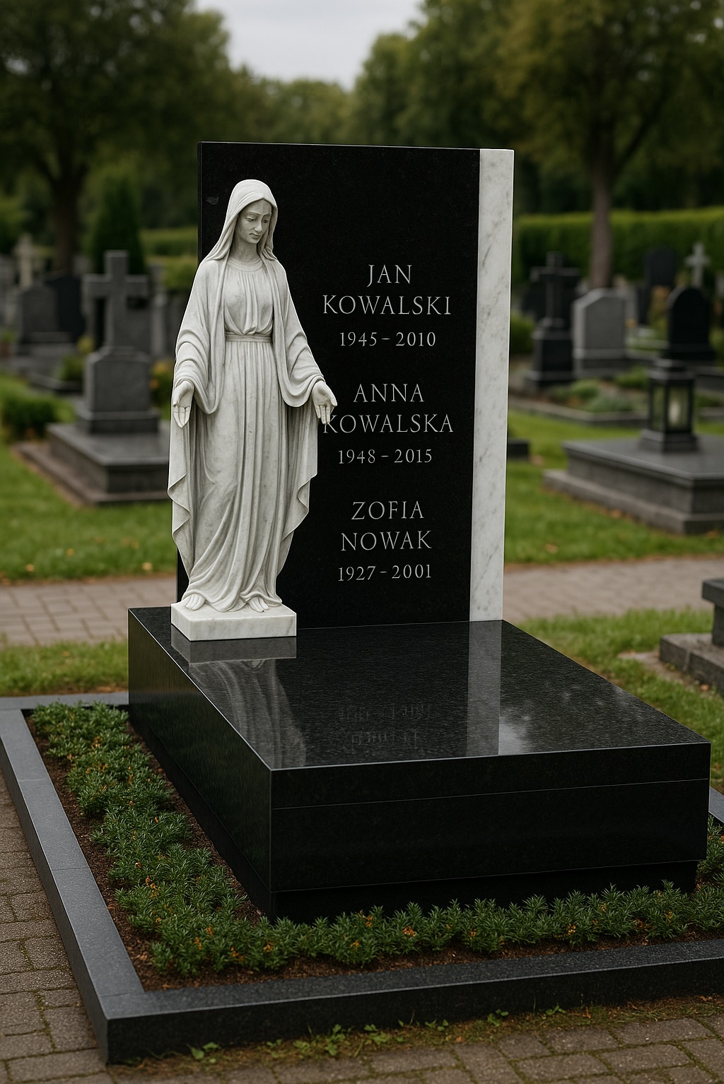 Czarny, polerowany nagrobek z rzeźbą Matki Boskiej na cmentarzu, z inskrypcjami Jan Kowalski, Anna Kowalska i Zofia Nowak, otoczony zielenią.