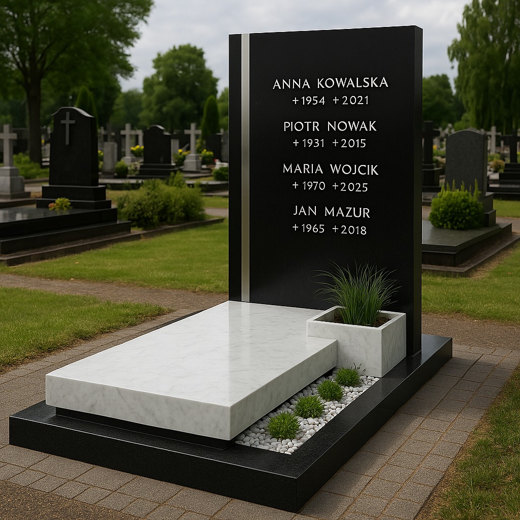 Elegancki, czarno-biały nagrobek z marmurową płytą, ozdobiony roślinami w donicy i białymi kamykami, na tle zielonego cmentarza.