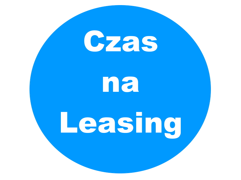 Napis 'Czas na Leasing' w białej czcionce na niebieskim okręgu, reklama usług leasingowych w Łodzi.