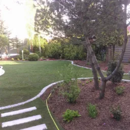 Ujęcie ogrodu z trawnikiem, ścieżką z płyt, rabatą z korą i drzewami, w tle krzewy i lampa ogrodowa, widoczny fragment węża ogrodowego.