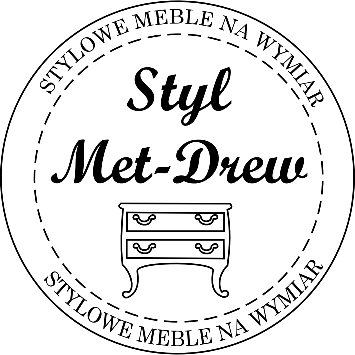 Okrągłe logo firmy 'Styl Met-Drew' z obrysem w postaci przerywanej linii, napisem 'Stylowe meble na wymiar' i rysunkiem komody z dwoma szufladami.