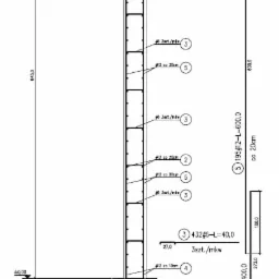 Schemat zbrojenia ściany oporowej z betonu C20/25, z detalami dotyczącymi rozstawu prętów i otuliny, przedstawiony w formie rysunku technicznego z wymiarami.