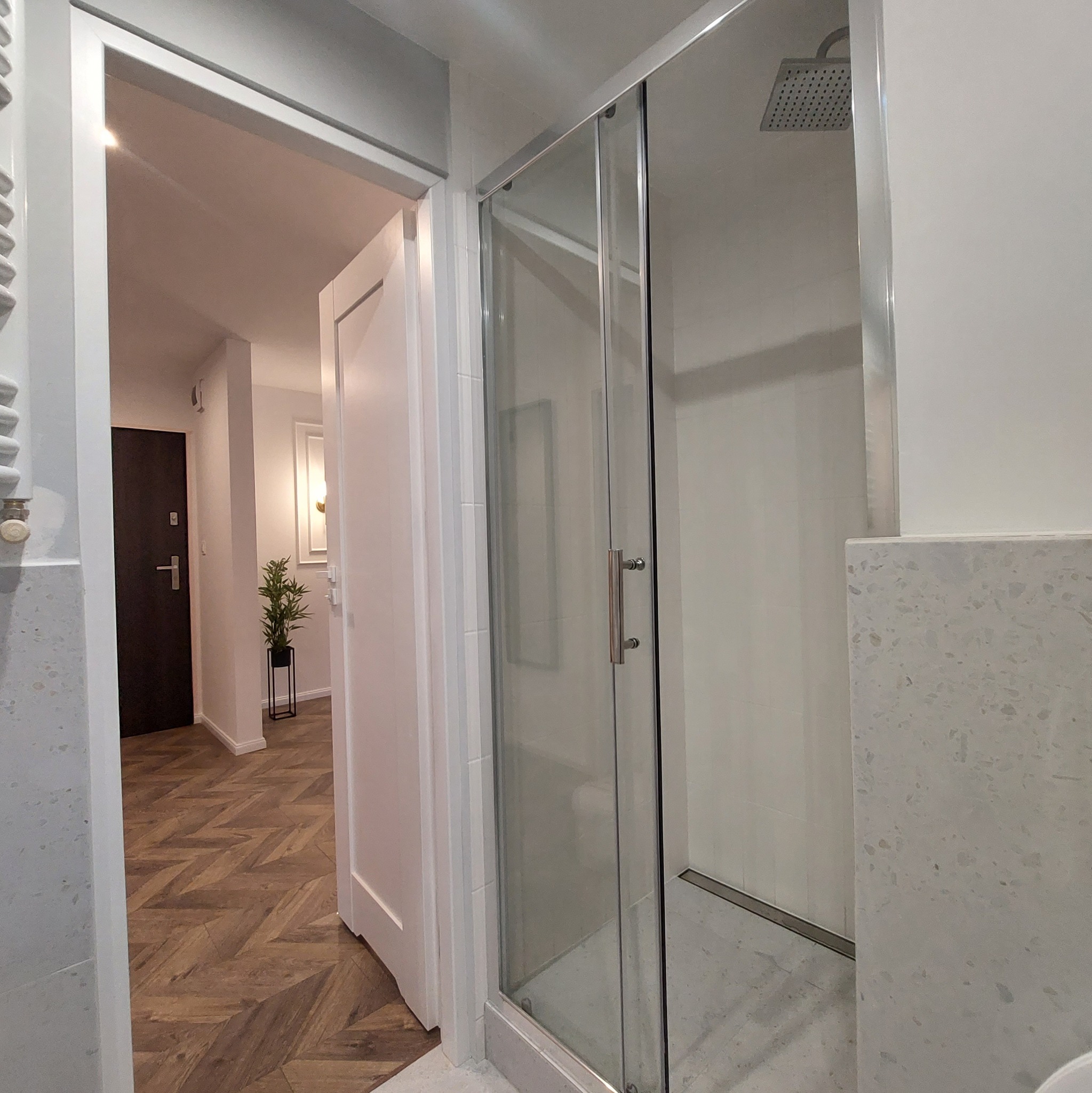 Nowoczesna kabina prysznicowa ze szklanymi drzwiami i deszczownicą, widok z korytarza z parkietem w jodełkę i rośliną doniczkową.