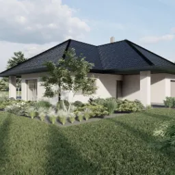 Wizualizacja domu jednorodzinnego z ogrodem: świeżo założony trawnik, rabaty z różnorodną roślinnością ozdobną, drzewa iglaste i liściaste w tle.