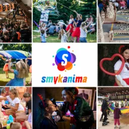 Kolaż zdjęć z imprez dla dzieci: Halloween, puszczanie baniek mydlanych, budowanie z drewnianych klocków, zabawy z chustą animacyjną, logo firmy animacyjnej, modelowanie balonów, malowanie twarzy...