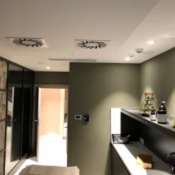 Nowoczesna łazienka w odcieniach zieleni z elementami dekoracyjnymi, widoczne terraria z roślinami na półce, minimalistyczna armatura i wentylatory sufitowe.