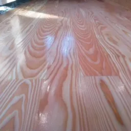 Błyszcząca, świeżo położona podłoga z jasnego drewna o wyraźnym usłojeniu, z widocznym odbiciem światła.