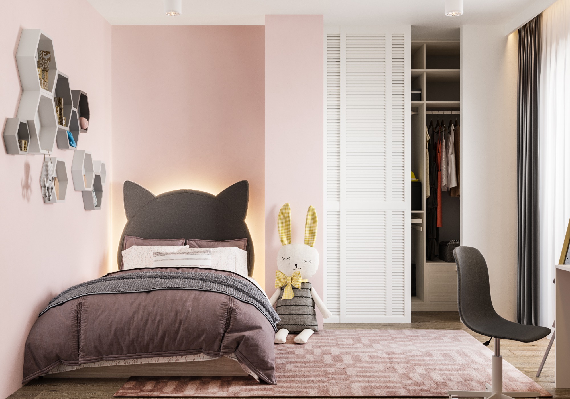 Pokój dziecięcy z łóżkiem z zagłówkiem w kształcie kocich uszu, podświetlonym od tyłu, obok biała szafa z żaluzjowymi drzwiami i otwartą częścią z ubraniami, na ścianie półki w kształcie plastrów...