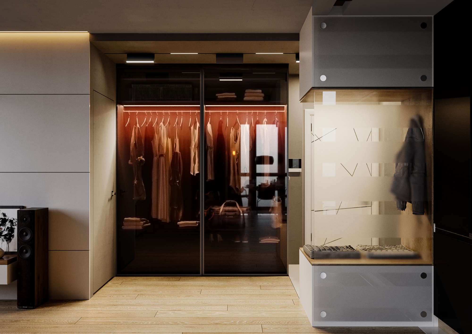 Nowoczesna garderoba z przesuwnymi, przyciemnianymi drzwiami, podświetleniem LED wewnątrz i minimalistycznym siedziskiem z wieszakiem na ubrania przy wejściu, na drewnianej podłodze.