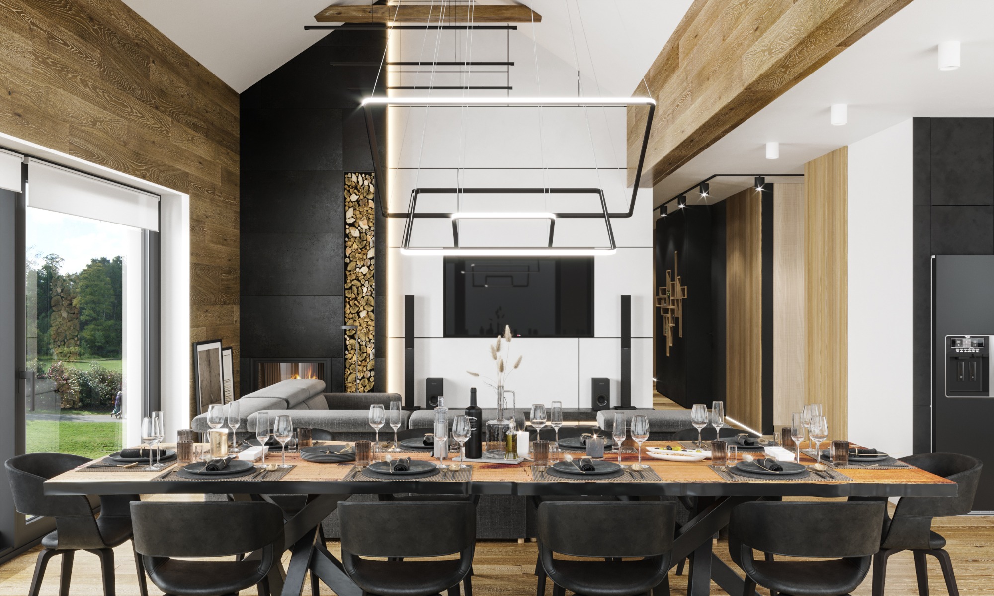 Nowoczesna jadalnia z drewnianymi panelami ściennymi, czarną ścianą z kominkiem i ułożonym drewnem, minimalistycznym oświetleniem i stołem z kompletną zastawą dla wielu osób.