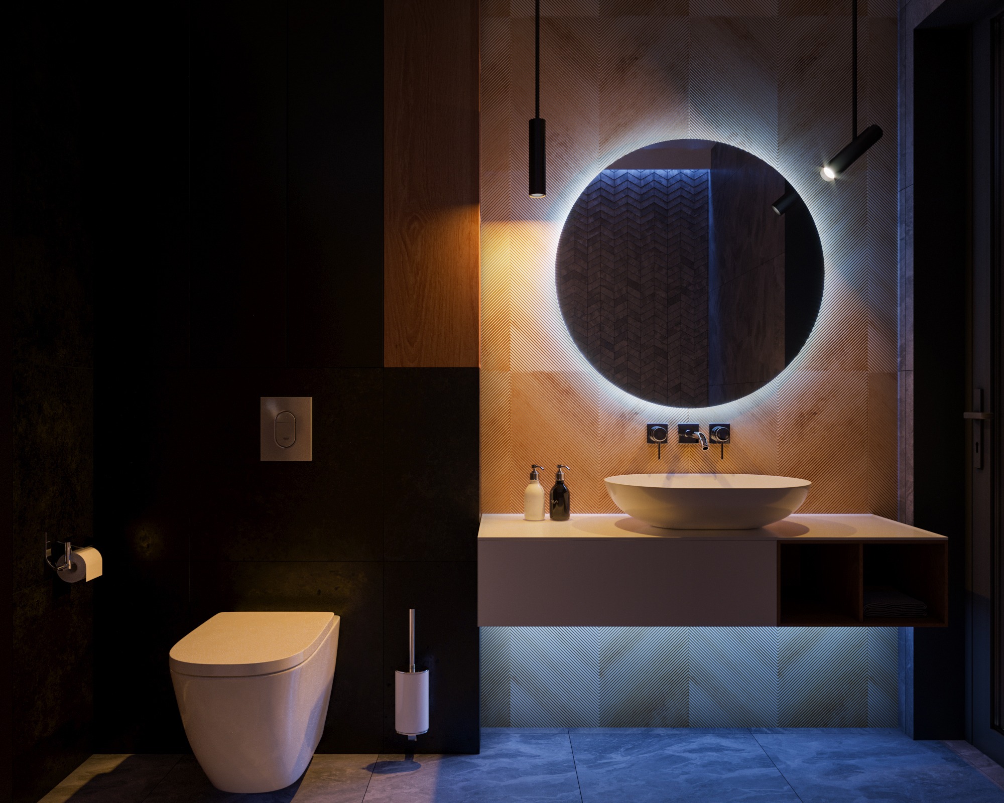 Nowoczesna łazienka z okrągłym lustrem podświetlanym LED, wiszącą toaletą i umywalką nablatową, oświetlona punktowymi lampami sufitowymi, utrzymana w ciemnej tonacji z akcentami drewna.