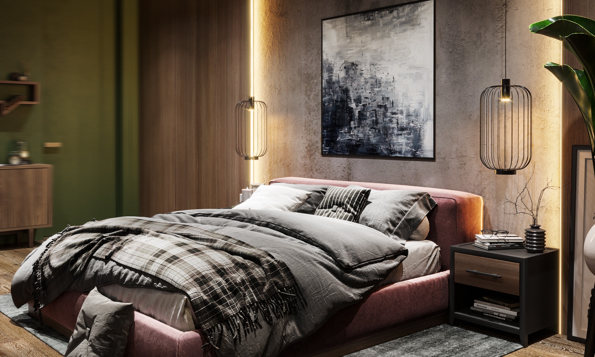 Nowoczesna sypialnia z łóżkiem w odcieniach różu i szarości, abstrakcyjny obraz nad wezgłowiem, lampy wiszące w metalowych klatkach, drewniana szafka nocna z książkami i okularami, ściana...