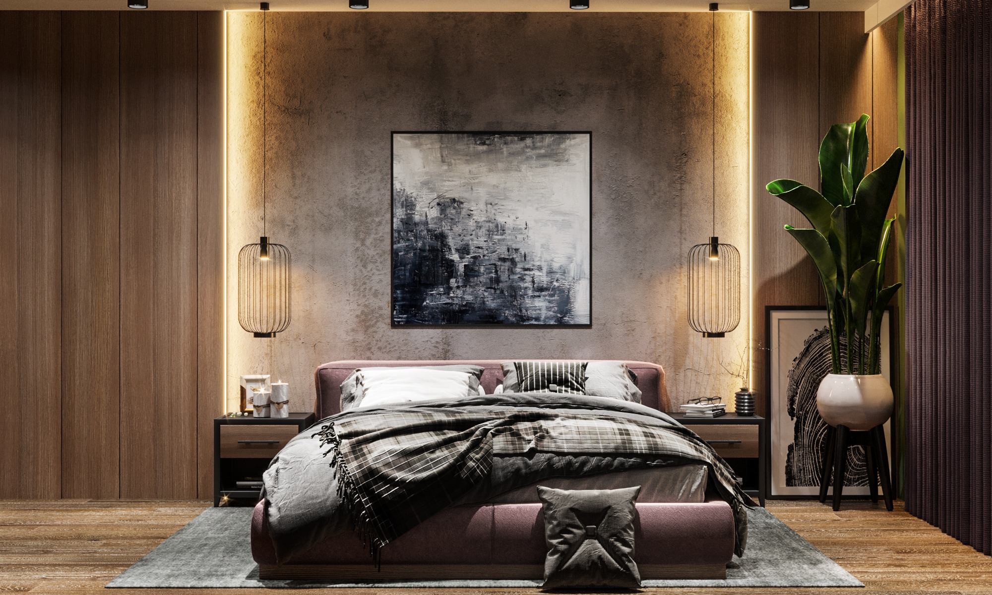 Elegancka sypialnia z łóżkiem w odcieniach różu, szarą narzutą w kratę i dekoracyjną poduszką, oświetlona pionowymi lampami LED po bokach ściany z drewnianymi panelami i abstrakcyjnym obrazem...