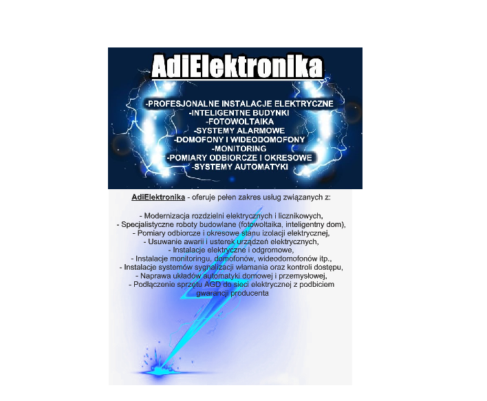 Grafika reklamowa firmy AdiElektronika prezentująca zakres usług: instalacje elektryczne, systemy alarmowe, domofony i wideodomofony, fotowoltaika, monitoring, automatyka. Wizualizacja wyładowań...