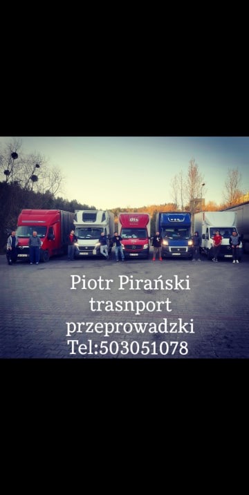 Flota pięciu samochodów dostawczych różnych marek i kolorów, z zespołem pracowników firmy transportowej na tle drzew i parkingu.