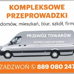 Szary bus dostawczy z napisem 'PRZEWÓZ TOWARÓW SZYBKO-TANIO-WYGODNIE', reklama kompleksowych usług dla domów, mieszkań, biur, szkół i firm, numer telefonu.