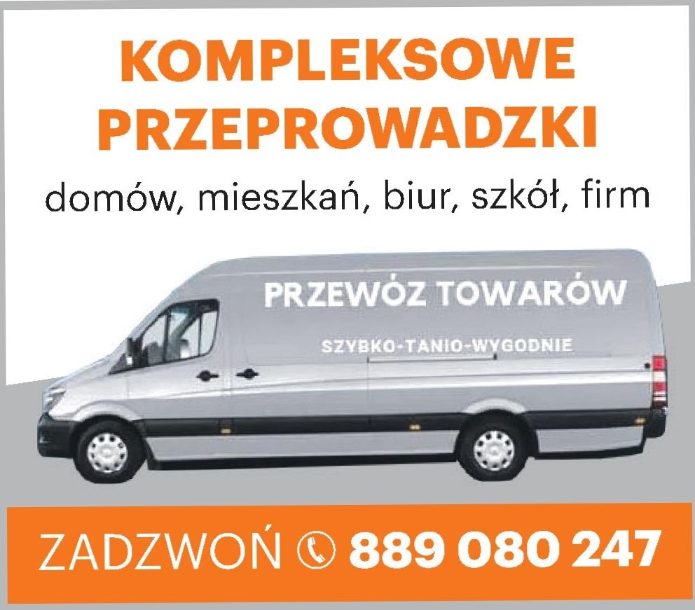 Szary bus dostawczy z napisem 'PRZEWÓZ TOWARÓW SZYBKO-TANIO-WYGODNIE', reklama kompleksowych usług dla domów, mieszkań, biur, szkół i firm, numer telefonu.