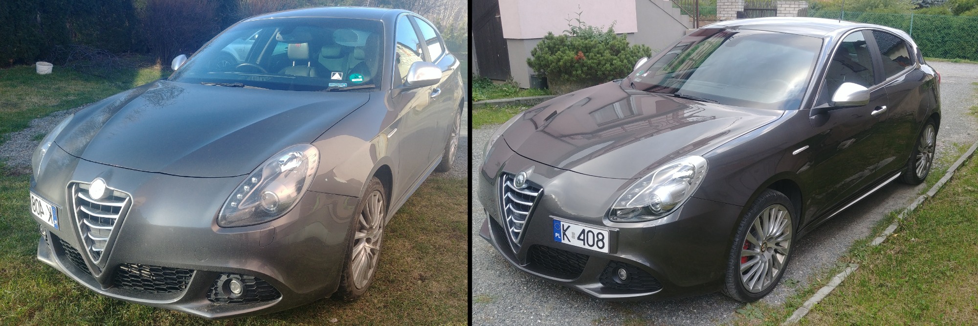 Dwa ujęcia szarej Alfa Romeo Giulietta: z lewej strony na trawie z widocznym wiadrem w tle, z prawej na tle budynku z kostki brukowej i krzewów.