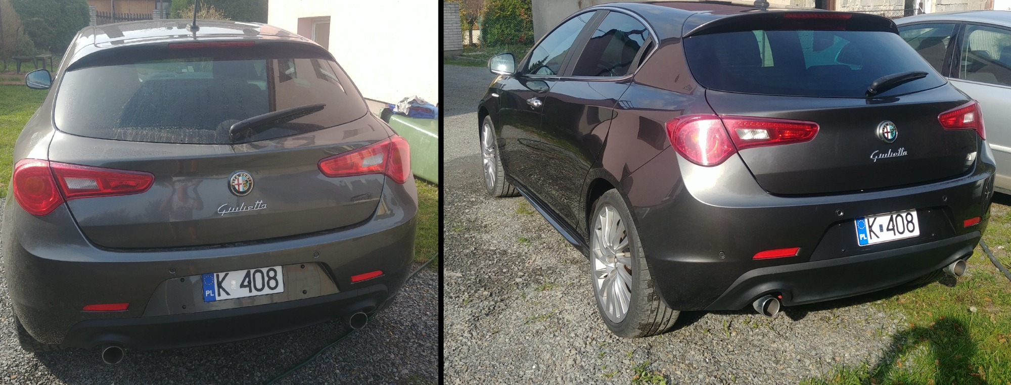 Dwa ujęcia tylnej części szarej Alfy Romeo Giulietta z widocznymi tablicami rejestracyjnymi K 408, zaparkowanej na trawie i żwirze.