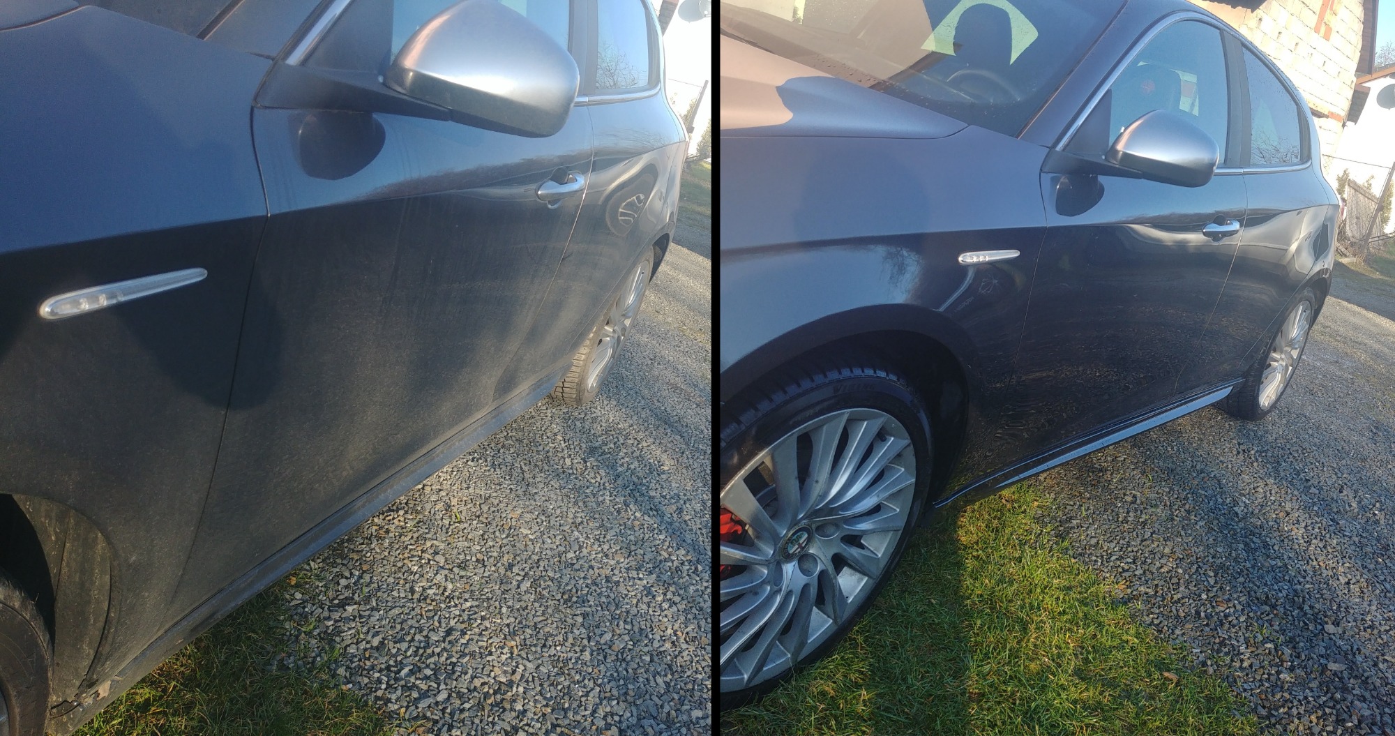 Porównanie: brudny bok samochodu Alfa Romeo w kolorze granatowym (po lewej) i ten sam bok po umyciu (po prawej), widoczne różnice w czystości karoserii i opon.