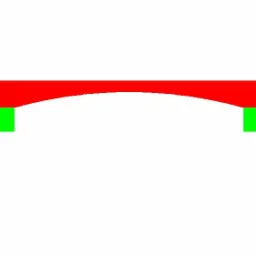 Uproszczony schemat konstrukcji mostu łukowego z czerwonym łukiem i zielonymi podporami na białym tle.