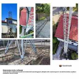 Montaż lub renowacja wieży radiowej: widok z różnych perspektyw, prezentujący konstrukcję stalową, elementy fundamentów z kamienia oraz fragmenty otoczenia.