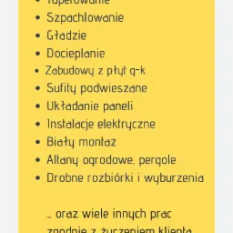 Żółta reklama usług remontowych z listą oferowanych prac, numerami telefonów i rysunkowym kurczakiem w prawym dolnym rogu.