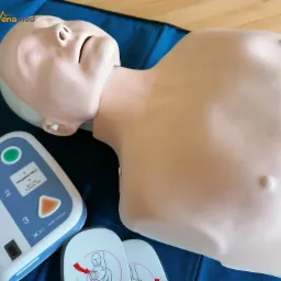 Manekin do resuscytacji z podłączonym defibrylatorem treningowym XFT AED Trainer i elektrodami, leżący na niebieskiej macie, używany podczas kursu pierwszej pomocy.