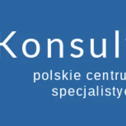 Logo firmy eKonsultacje: biały symbol roślinny i napis 'eKonsultacje' nad tekstem 'polskie centrum konsultacji specjalistycznych online' na niebieskim tle.