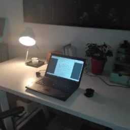 Biurko z laptopem wyświetlającym dokument, lampką, rośliną w czerwonej doniczce i obrazem lasu na ścianie.