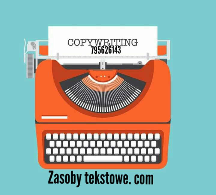 Ilustracja retro pomarańczowej maszyny do pisania z napisem 'COPYWRITING 795626143' na kartce i adresem 'Zasoby tekstowe.com' na dole.
