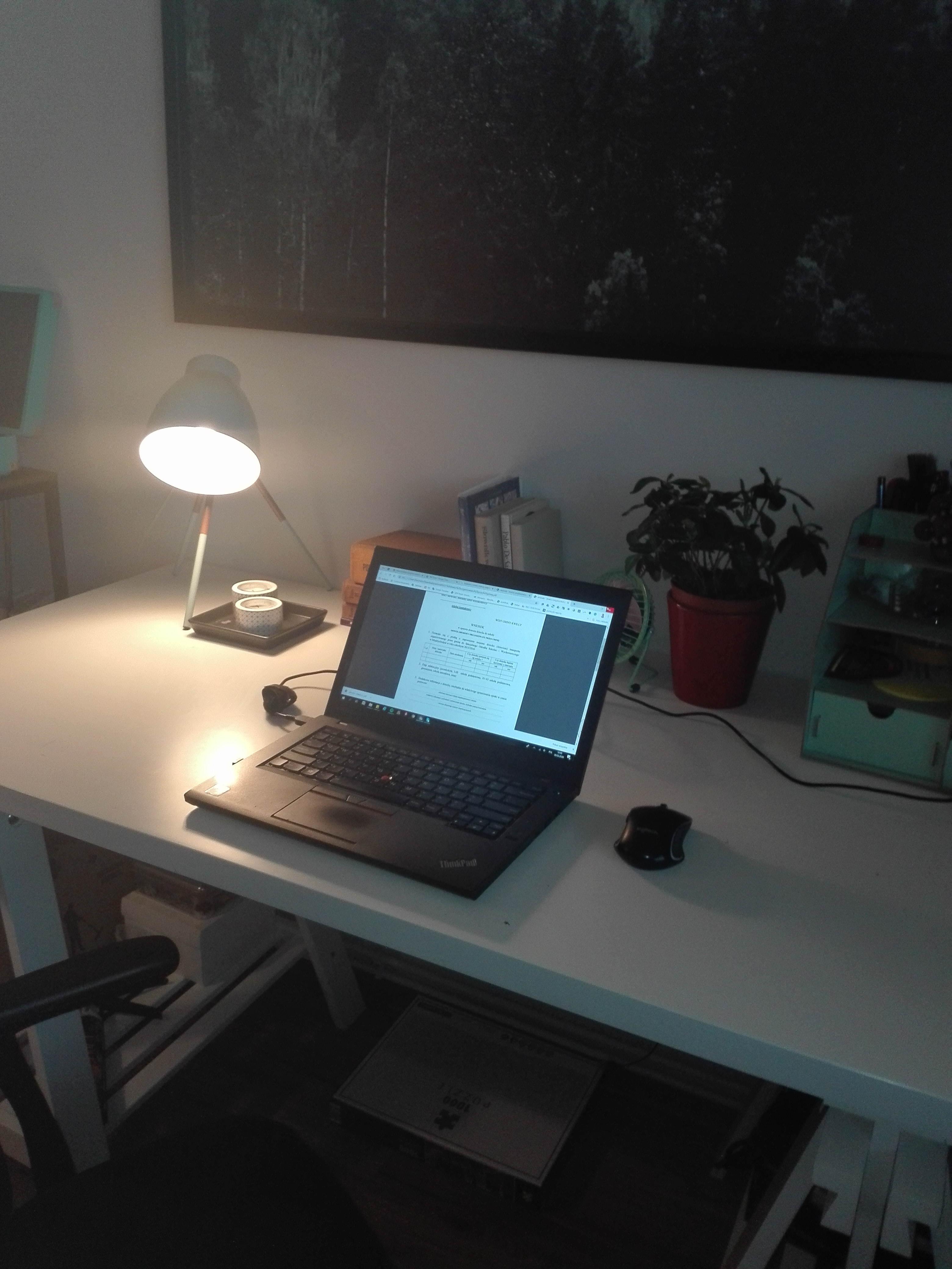 Biurko z laptopem wyświetlającym dokument, lampką, rośliną w czerwonej doniczce i obrazem lasu na ścianie.