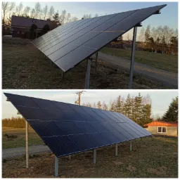 Dwa ujęcia instalacji gruntowej paneli słonecznych z widocznymi modułami i konstrukcją wsporczą na tle trawy, drzew i budynków.