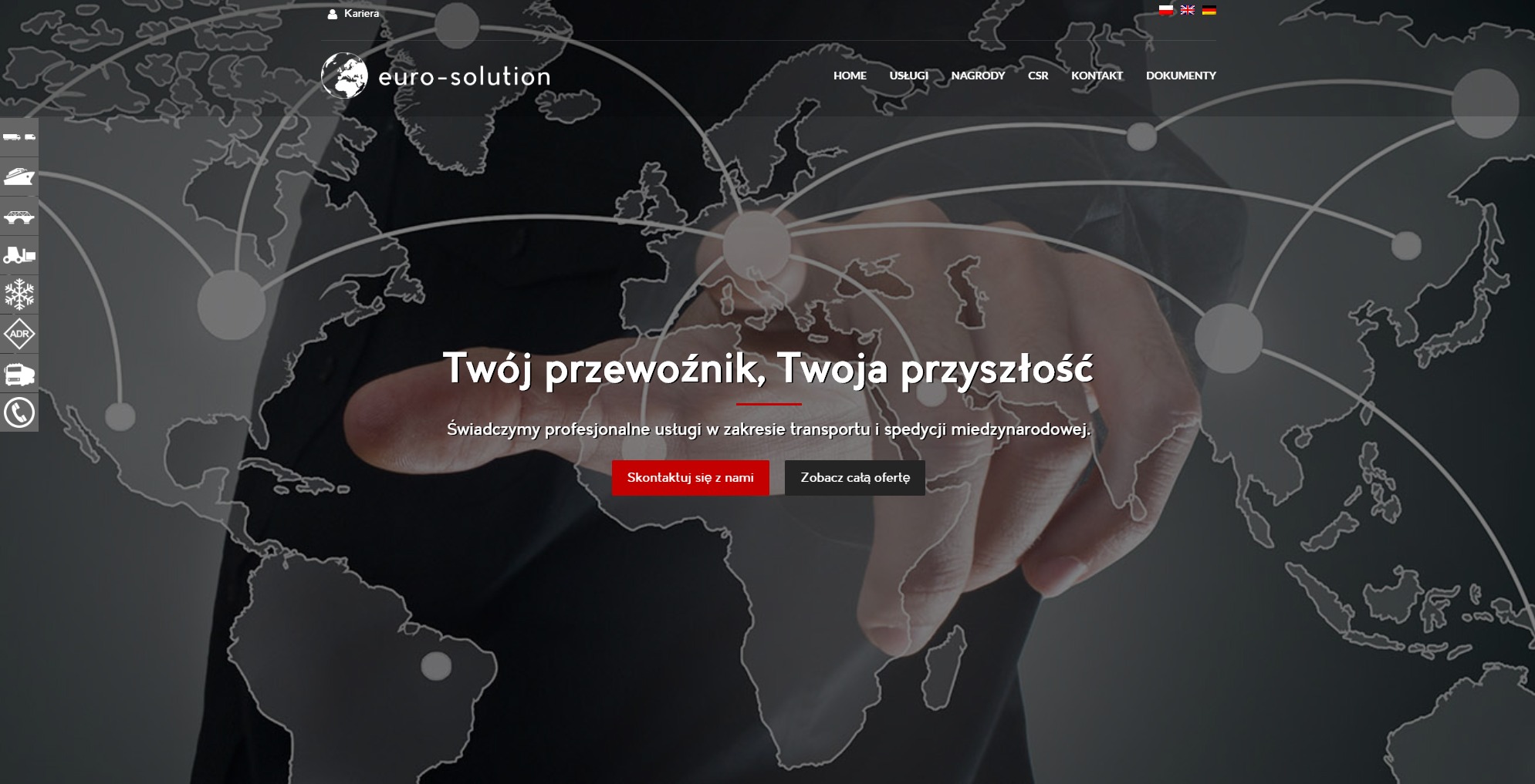 Strona internetowa firmy transportowej z mapą świata w tle i hasłem 'Twój przewoźnik, Twoja przyszłość' na pierwszym planie.