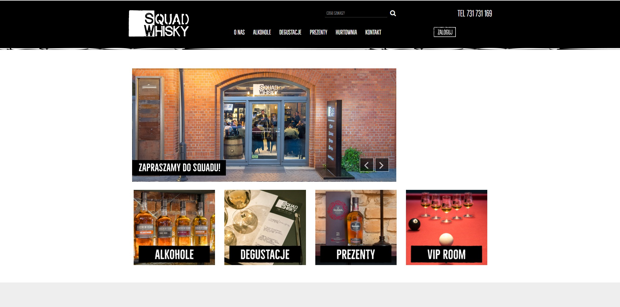Strona internetowa z ofertą degustacji whisky, prezentująca zdjęcie wejścia do lokalu z zapraszającym napisem i dolny pasek z odnośnikami do alkoholi, degustacji, prezentów oraz pokoju VIP.