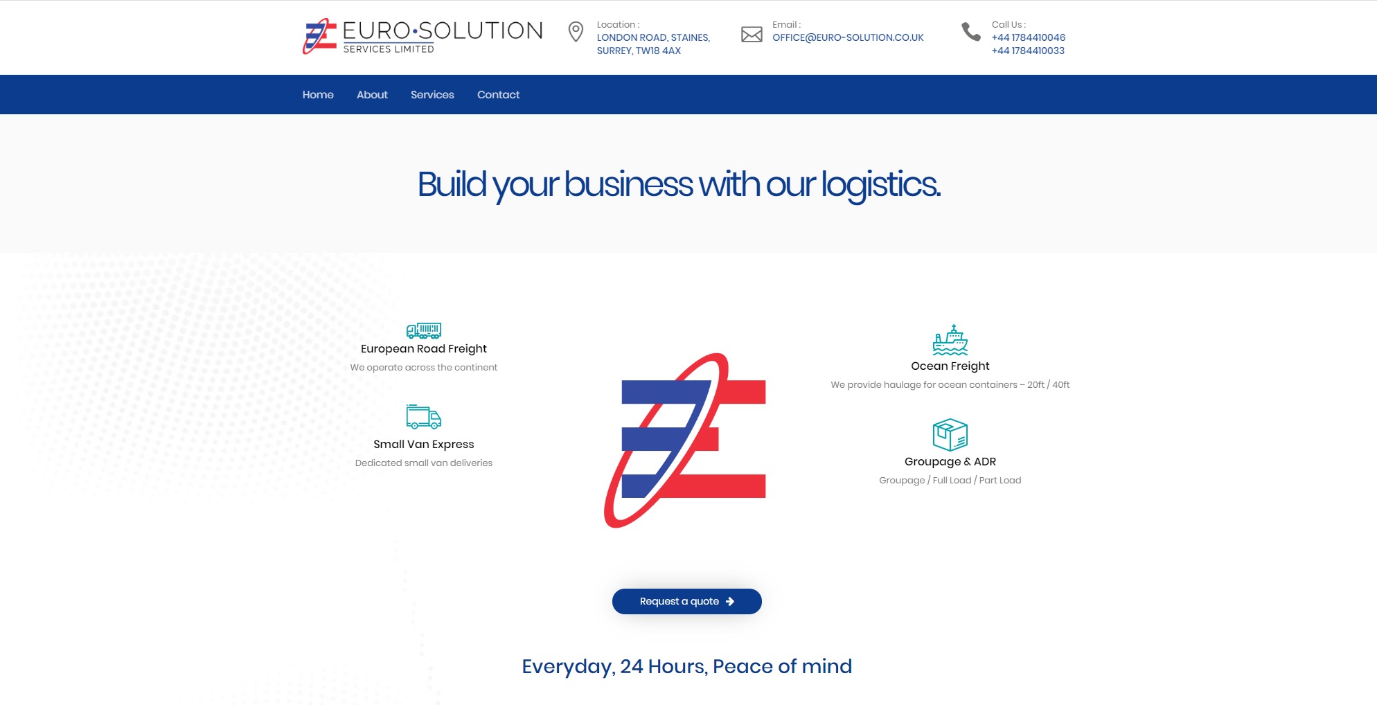 Strona internetowa firmy logistycznej Euro-Solution Services Limited z menu nawigacyjnym, danymi kontaktowymi i hasłem 'Build your business with our logistics.', prezentująca usługi transportu...