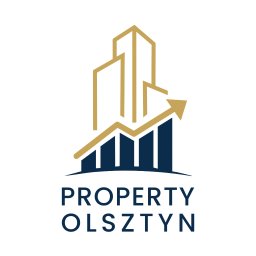 Property Olsztyn - Logo firmy Property Olsztyn: budynki w formie wykresu wzrostu, strzałka w górę, granatowo-złota kolorystyka na białym tle. Minimalistyczny design.