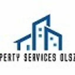 Logo firmy Property Services Olsztyn przedstawiające trzy abstrakcyjne budynki w odcieniach niebieskiego.