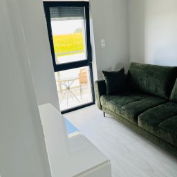 ProEfekt - Nowoczesny salon z zieloną sofą i widokiem na pole z balkonu, jasne ściany i białe panele podłogowe, minimalistyczny wystrój.