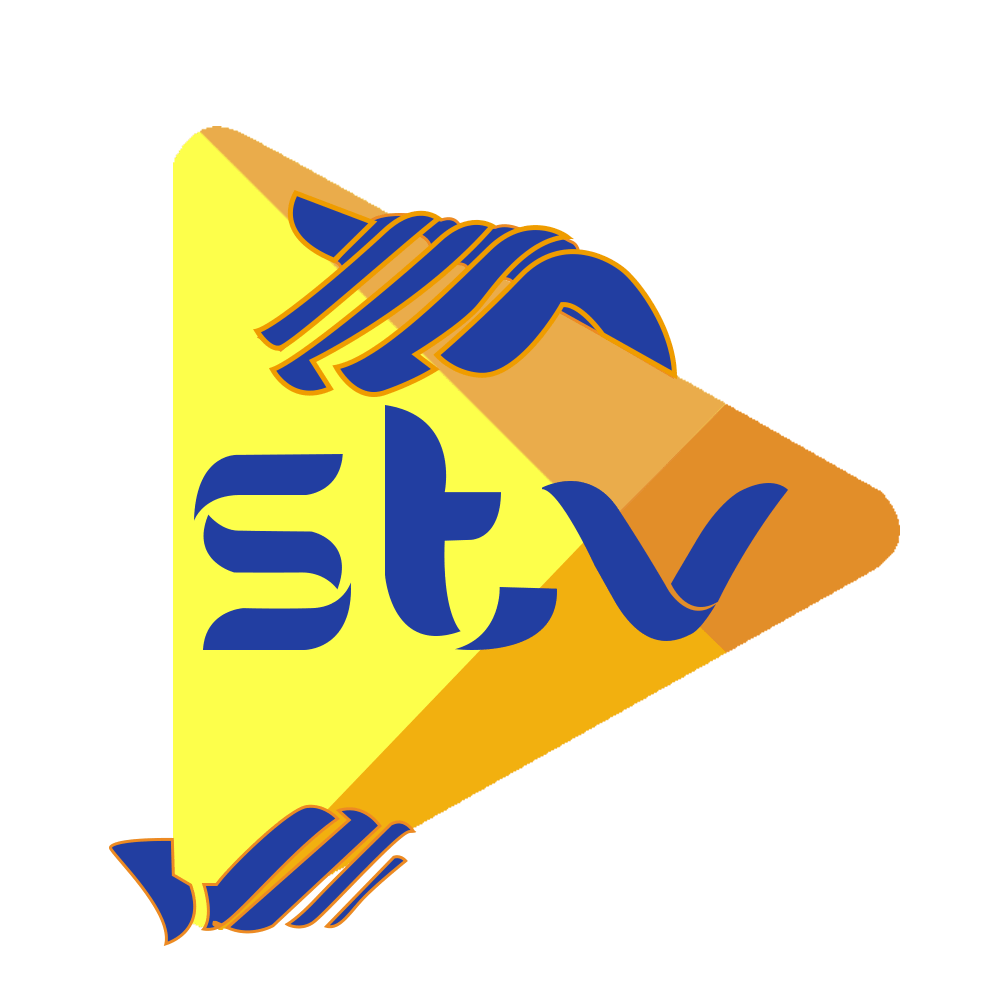 Żółto-pomarańczowy trójkąt z niebieskim logo STV, otoczony stylizowanymi dłońmi w kolorze niebieskim, na zielonym tle.