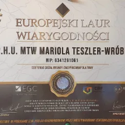 Certyfikat Europejski Laur Wiarygodności dla F.P.H.U. MTW Mariola Teszler-Wróbel z numerem NIP 6341281061, potwierdzający spełnienie wymogów programu ELW 2019.