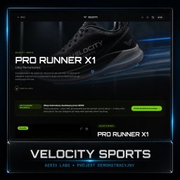 AERIX Strony Internetowe Premium - Strona produktowa sklepu internetowego Velocity Sports z butami Pro Runner X1, prezentująca ciemny motyw z neonowymi akcentami i interaktywnymi elementami.