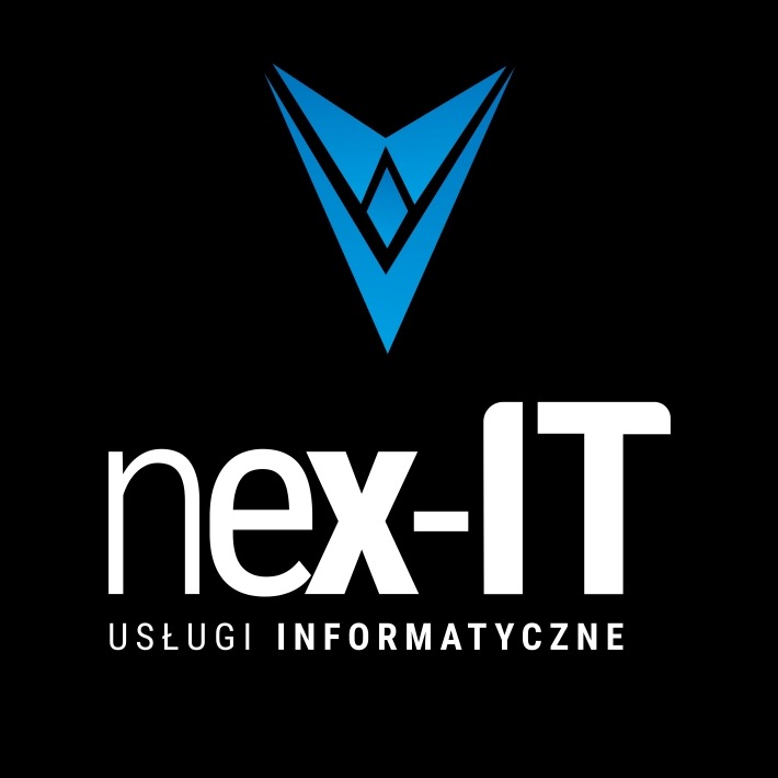 Logo firmy nex-IT z niebieskim symbolem strzałki w górę i białym napisem 'nex-IT USŁUGI INFORMATYCZNE' na czarnym tle.