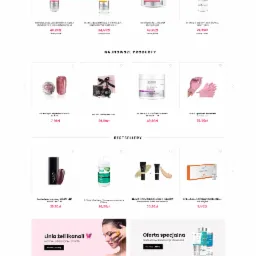 Baner reklamowy sklepu internetowego z kosmetykami Ikanails, prezentujący promocję do 40% na wybrane kosmetyki, z dłońmi modelki i rozłożonymi produktami do makijażu na różowym tle.