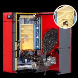 Przekrój pieca centralnego ogrzewania na paliwo stałe, ukazujący komorę spalania z płomieniami, zasobnik na węgiel oraz detale konstrukcyjne, w tym spiralny podajnik paliwa i powiększony fragment...