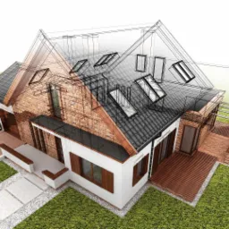 Wizualizacja domu jednorodzinnego z elementami muru z cegły, białym tynkiem i grafitową dachówką, nałożona na szkic konstrukcyjny z widocznymi oknami dachowymi.